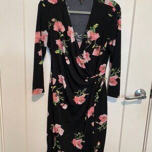 Anne Klein Black Floral Dress | Size Large | Draped Neckline